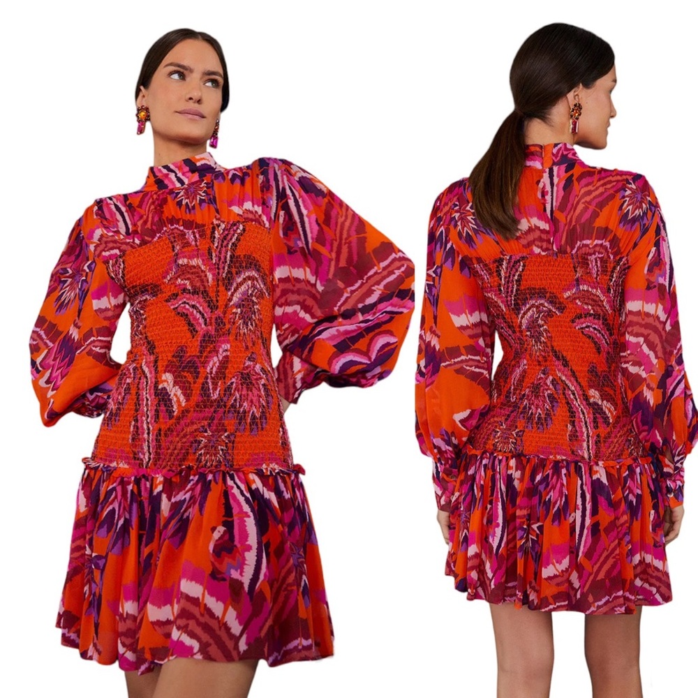 FARM RIO Chevron Forest Smocked Mini Dress Ruffled Floral Print Orange Size XL